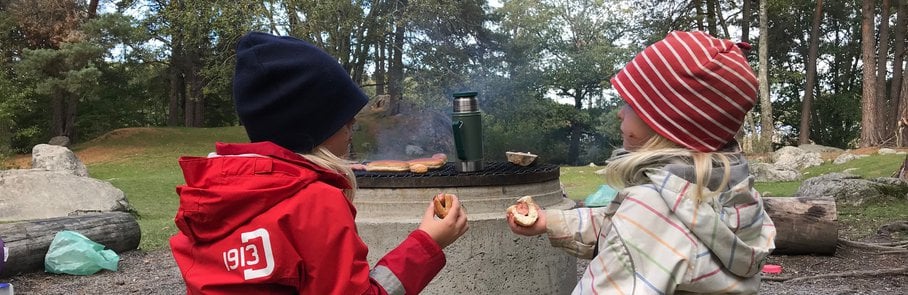 Några barn sitter på toppen av en stock och äter korv vid en grillplats i skogen.
