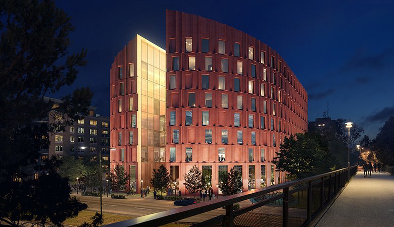 Arkitektskiss. Byggnad på natten.